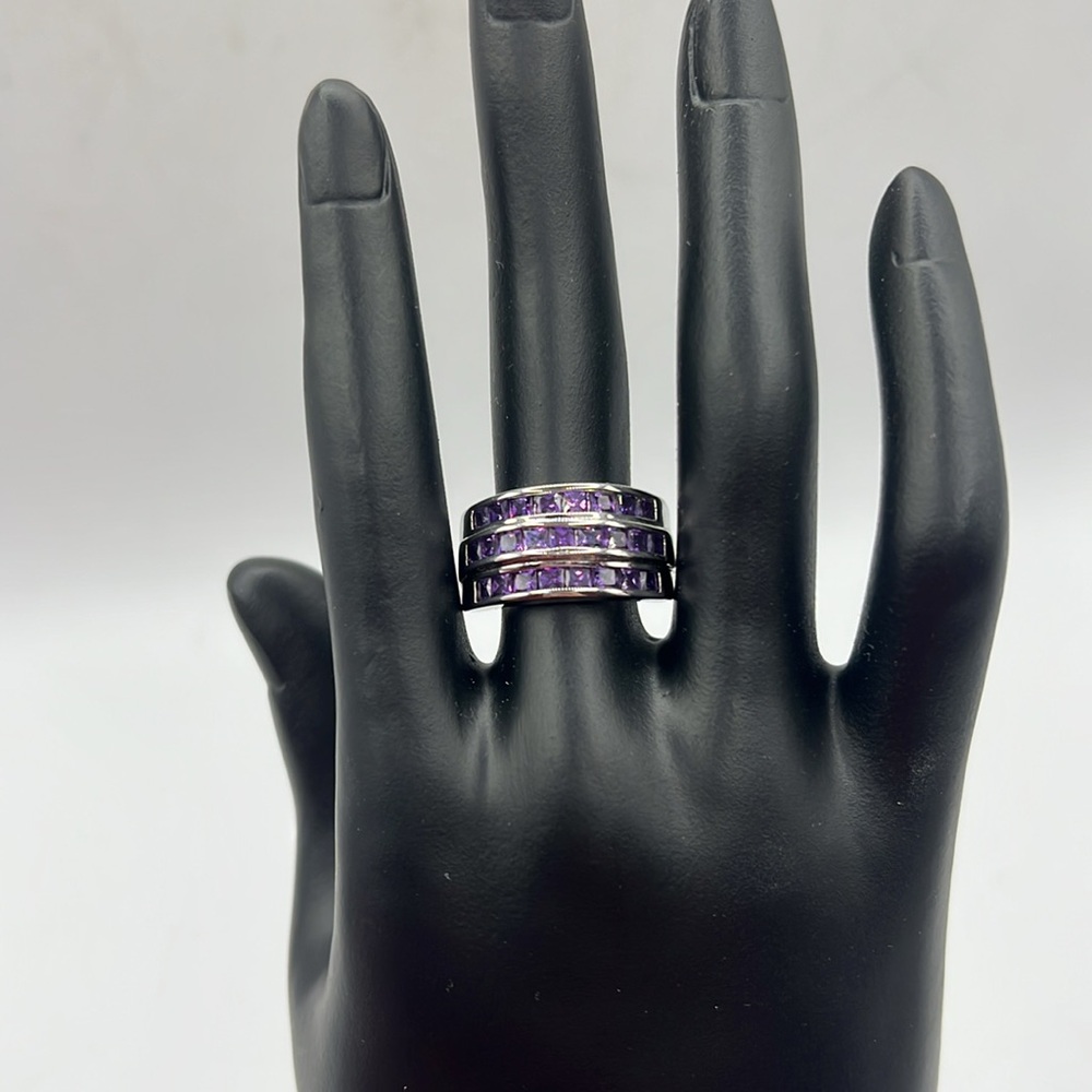 Silver Tone Purple Rhinestone Womens Costume Jewelry Ring PDI Size 8 Stacked